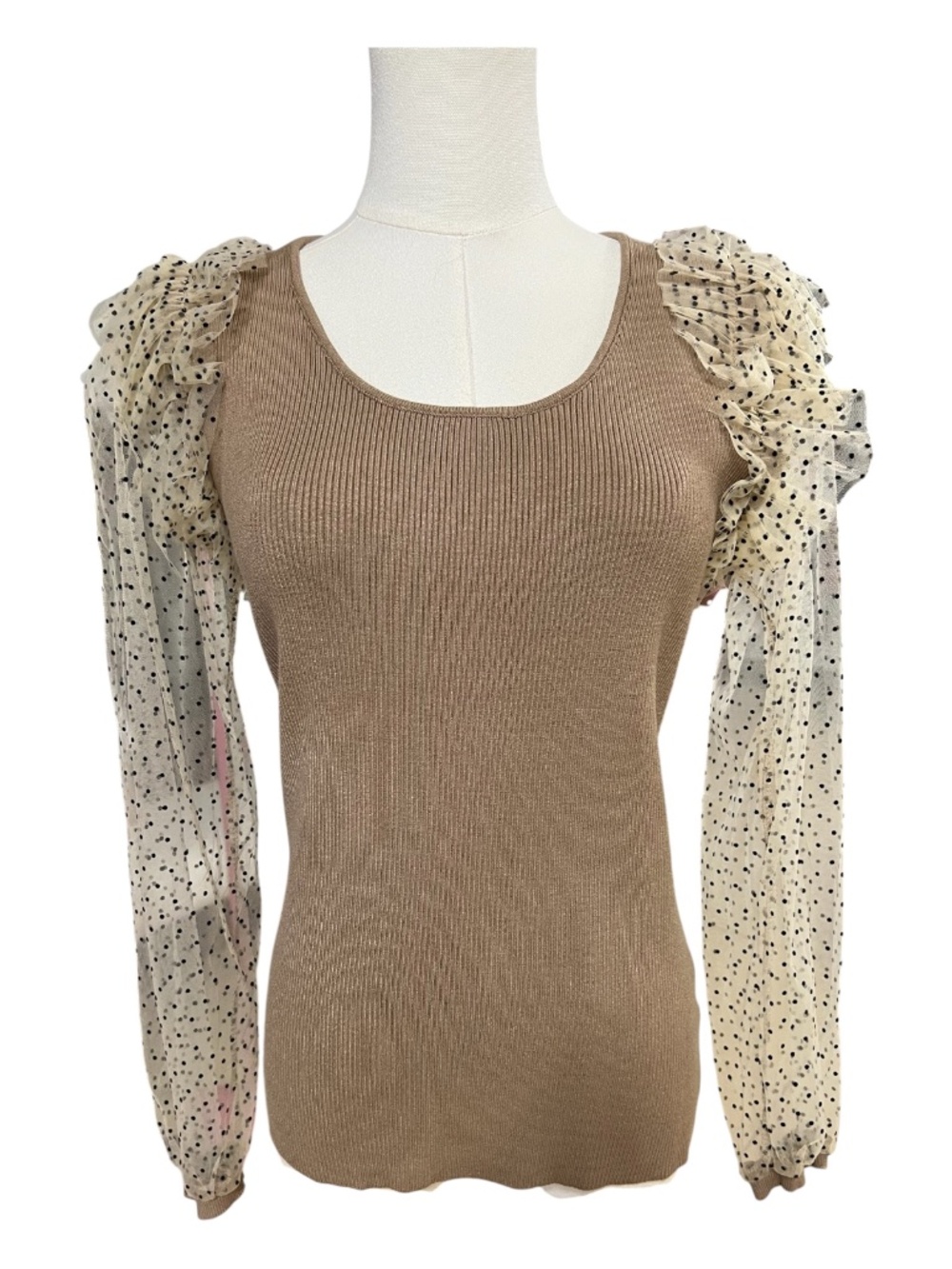 NWT Eesome Tan Ribbed Knit Polka Dot Tulle Sleeve Top | Size L
